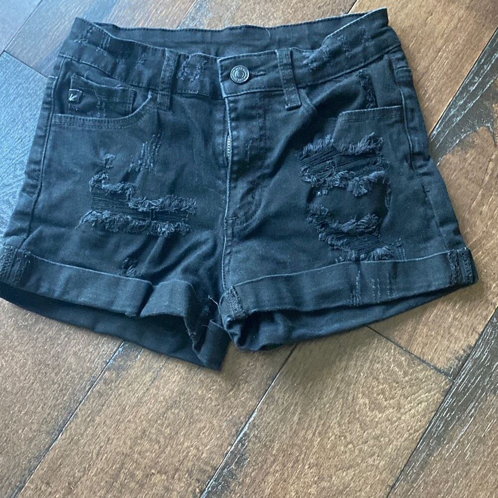 Kancan womens denim jean shorts size 1 or 24 destroyed black high rise summer be